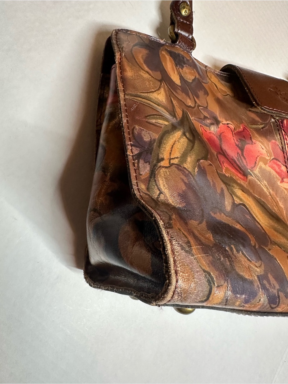 Patricia Nash Brown Hand-Painted Floral Shoulder Bag with Red Accents - Picture 15 of 16